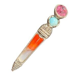Scottish Dagger Pin Brooch Turquoise Amethyst Vintage 2.5” Silver Tone Metal